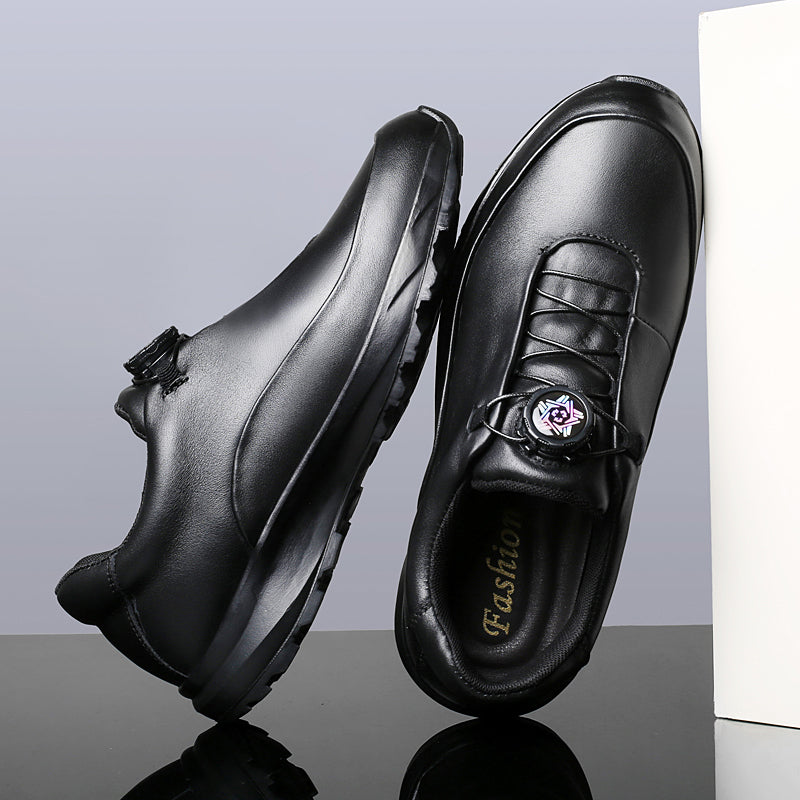 Men’s Rotary Buckle Black Leather Casual Sneakers