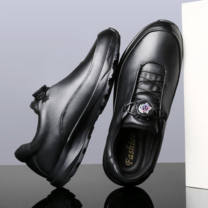 VILOCY Men’s Rotary Buckle Black Leather Casual Sneakers In Black