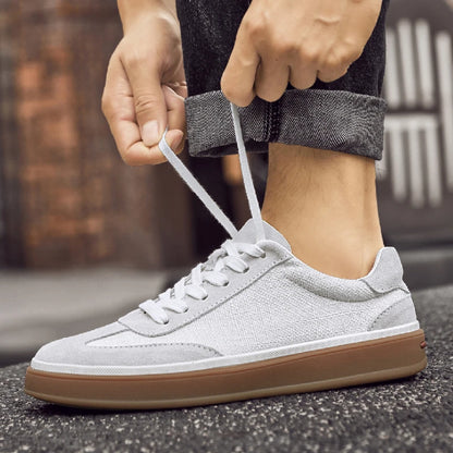 VILOCY Mens Nubuck Suede Spliced Linen Low Top Casual Sneakers In Beige