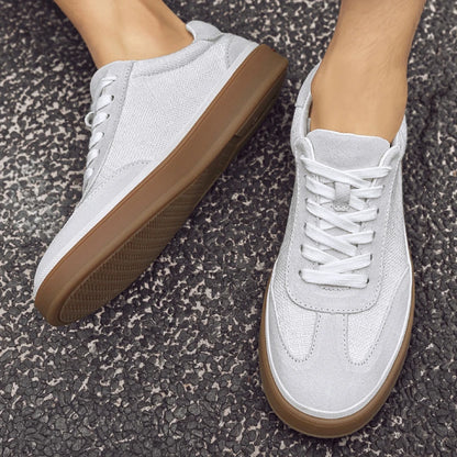 VILOCY Mens Nubuck Suede Spliced Linen Low Top Casual Sneakers In Beige