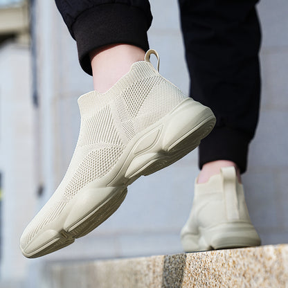 VILOCY Men's High Tops Fly Knit Slip On Sock Sneakers In Beige