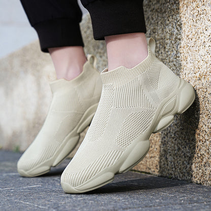 VILOCY Men's High Tops Fly Knit Slip On Sock Sneakers In Beige