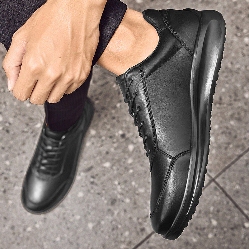 Men's Black Leather Lace Up Business Walking Sneakers