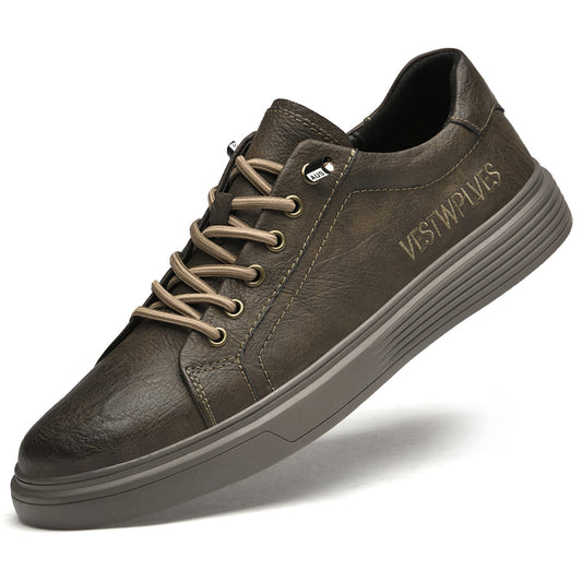 VILOCY Men's Low-Tops Vintage Leather Platform Casual Skate Shoes In Brown