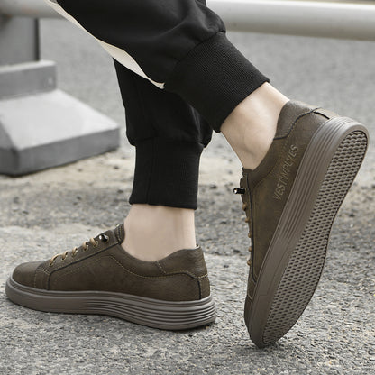 VILOCY Men's Low-Tops Vintage Leather Platform Casual Skate Shoes In Brown