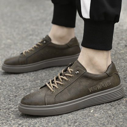 VILOCY Men's Low-Tops Vintage Leather Platform Casual Skate Shoes In Brown