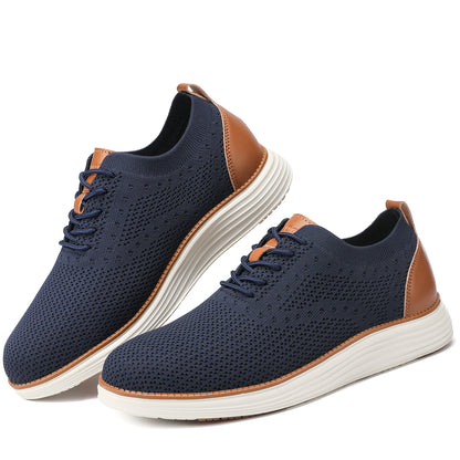 VILOCY Men's Wide Breathable Knit Lace Up Oxford Casual Shoes In Dark Blue