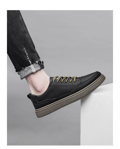 Vilocy Men's Low-Tops Leather Platform Casual Board Sneakers In Black