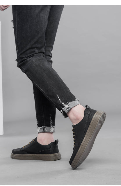Vilocy Men's Low-Tops Leather Platform Casual Board Sneakers In Black