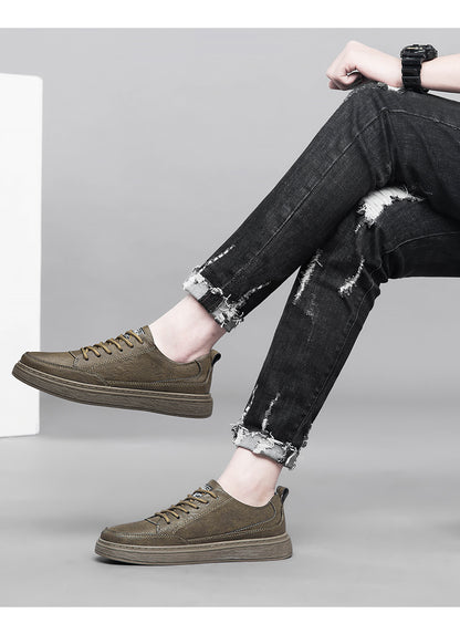 Vilocy Men's Low-Tops Leather Platform Casual Board Sneakers In Khaki