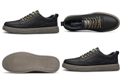 Vilocy Men's Low-Tops Leather Platform Casual Board Sneakers In Black