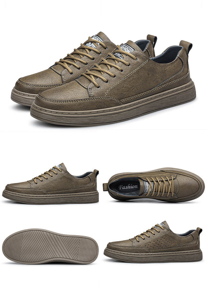 Vilocy Men's Low-Tops Leather Platform Casual Board Sneakers In Khaki