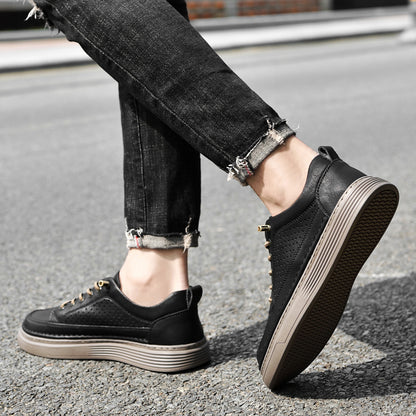 VILOCY Men's Low-Tops Perforated Leather Platform Casual Oxford Shoes Black