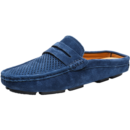 VILOCY Men's Perforated Suede Backless Penny Casual Driving Mules In Blue
