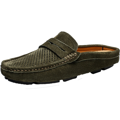 VILOCY Men's Perforated Suede Backless Penny Casual Driving Mules In Green