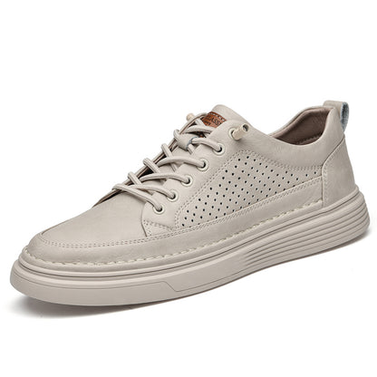 VILOCY Men's Low-Tops Perforated Leather Platform Casual Oxford Shoes Beige